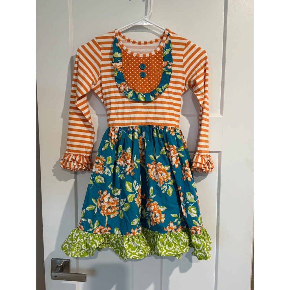 Eleanor Rose Girls Orange Teal Floral Striped Ruffle Dress Size 7-8 RHONDA 1198